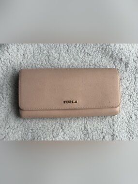 Furla Babylon Saffiano Leather Continental Flap Long Wallet Nude Pink Gold Logo